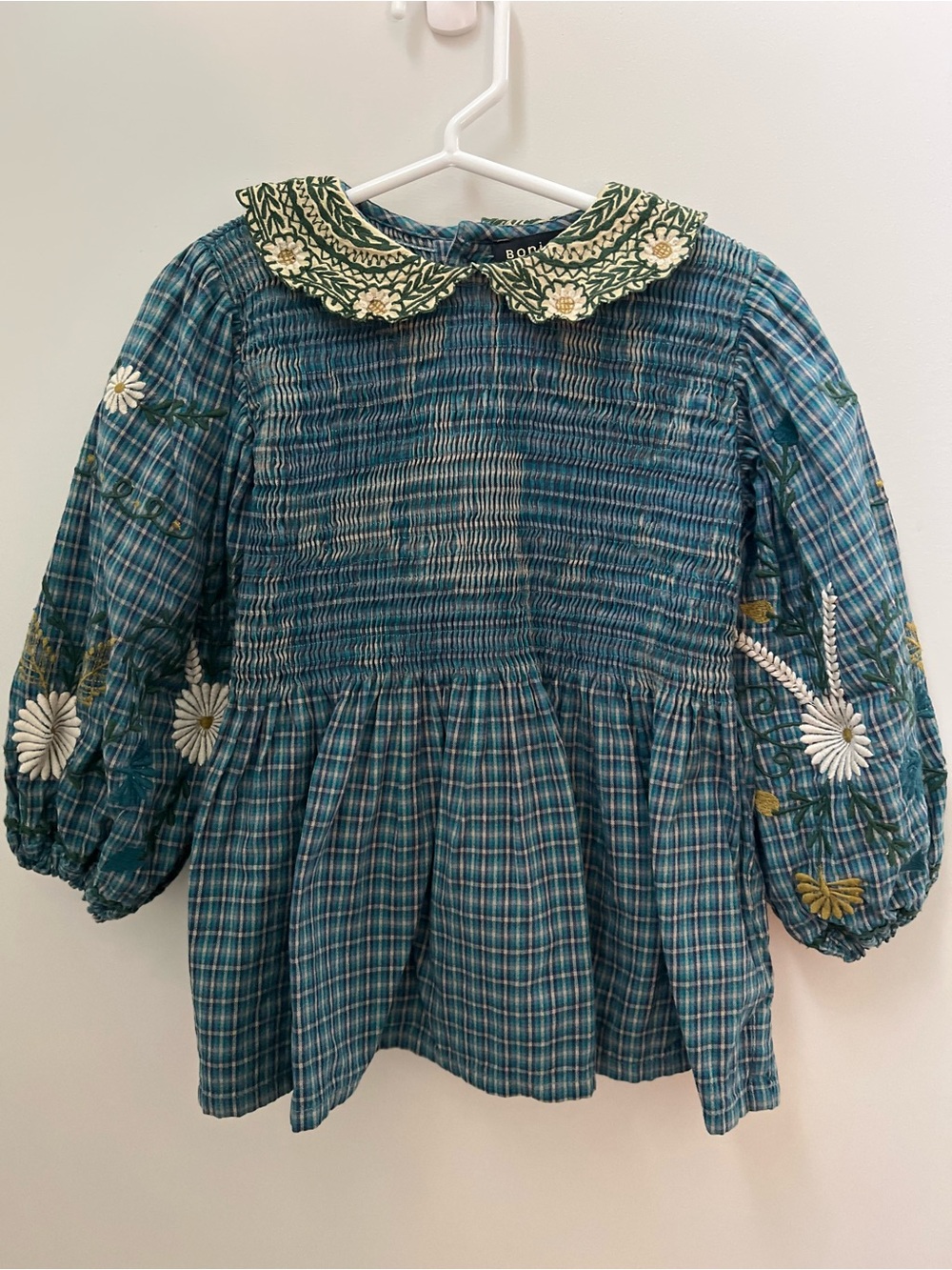 High End Girls Embroidered Smocked Plaid Blouse